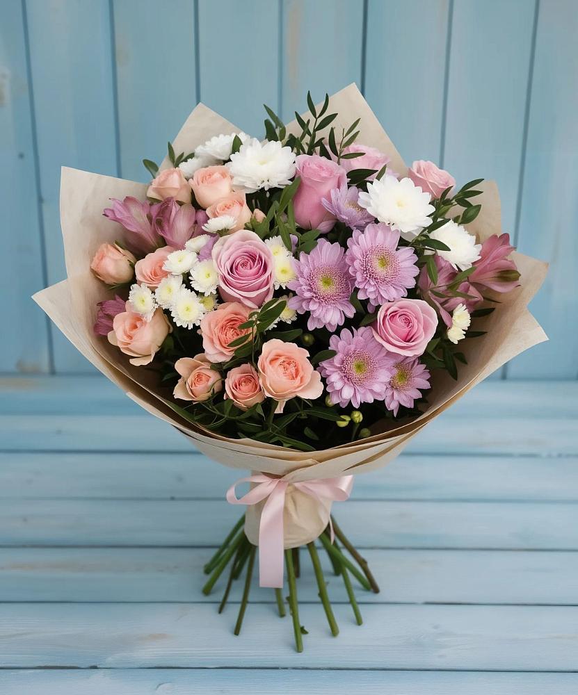 Букет цветов из: Хризантемы, Розы и Альстромерии в Спасское Тульская область